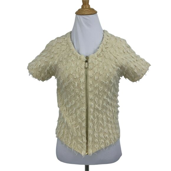 Sleeping on Snow Eyelash Sweater Size S Ivory Full Zip Short Sleeve Wool Blend - Picture 1 of 11